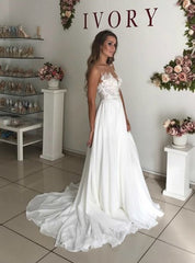 A-Line White Chiffon Appliques See Through Boho Wedding Dress