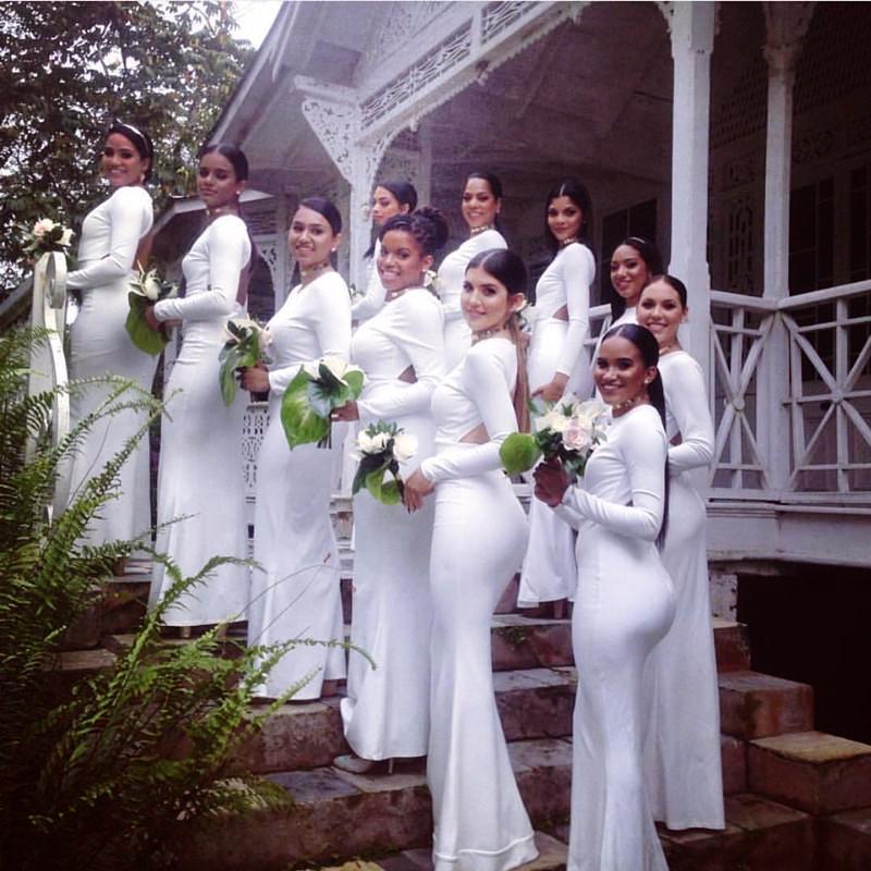 White Jersey Long Sleeves Mermaid Backless Bridesmaid Dresses