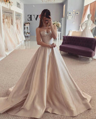 Satin Beading Sweep Train Champagne Sweetheart Prom Dress