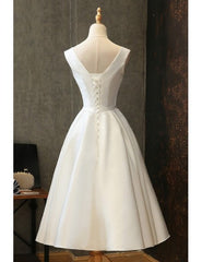 Chic Lace Up Tea Length Vintage Satin Ivory Wedding Dress