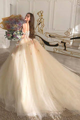Off The Shoulder Flower Colorful Tulle Romantic Ball Gown Wedding Dress