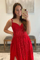 Red Lace Sexy Backless Formal Prom Dress With Slit