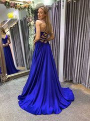 Simple A line blue long prom dress, backless blue evening dress - RongMoon