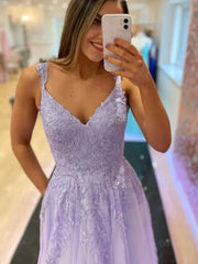 Light Purple Tulle V Neck Appliques Prom Formal Dress