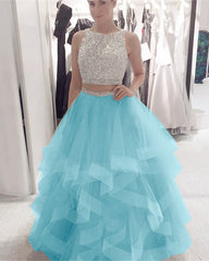 Exquisite Sequin Beaded Organza Ruffles Prom Dresses Two Piece