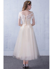 Short Sleeve Champagne Off The Shoulder Tea Length Wedding Dress