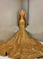 Sequined Mermaid Gold Long Sleeves Sparkle Prom Dress with Long Train
