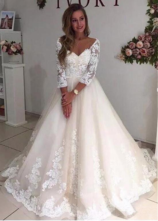 Tulle V-neck Lace Appliques Long Sleeves A-line Wedding Dress