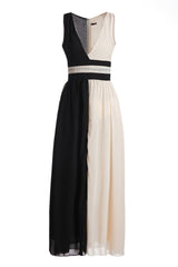 Plunging Neck White Black Splicing Dress