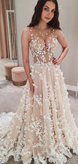 Sexy V-Neck Sleeveless See-through Lace Long Wedding Dresses.DB10037