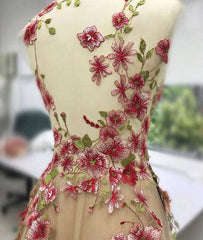 Champagne tulle applique long prom dress, evening dress for teens - RongMoon
