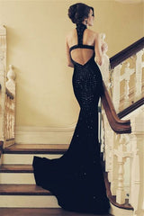 Black Sequin Backless Trumpet Mermaid Prom Dress