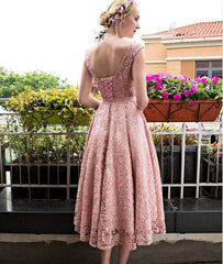 Pink round neck lace short prom dress,lace bridesmaid dress - RongMoon