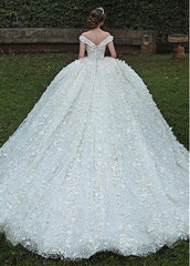 Lace Off-the-shoulder 3d Flowers Ball Gown Wedding Dress