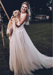 Sexy Beach Tulle Spaghetti Straps 3D Flowers A-line Wedding Dress