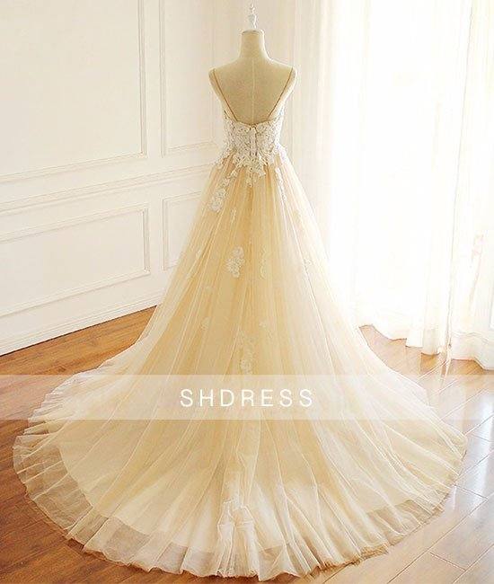 Champagne v neck tulle lace long prom dress, champagne tulle evening dress - RongMoon