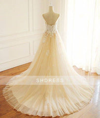 Champagne v neck tulle lace long prom dress, champagne tulle evening dress - RongMoon