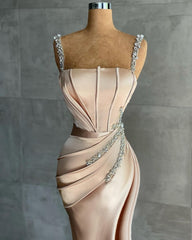 Champagne Spaghetti Straps Ruched Beading Sheath Column Prom Formal Dress