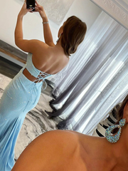 Sweetheart Mermaid Sequin Blue Slit Prom Dress