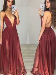 Spaghetti Straps Chiffon Burgundy Ruched Prom Dress