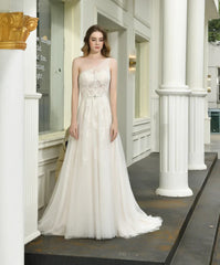 One Shoulder A Line Tulle Appliques Wedding Dress
