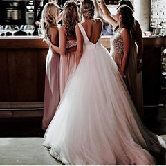 A-Line White Tulle Backless Sleeveless Bride Wedding Dress With Bow