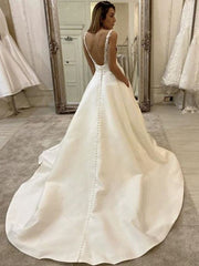 Satin V Neck Appliques Button Wedding Dress