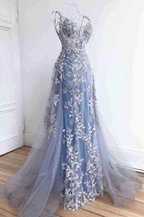 Blue Appliques Trumpet Mermaid Detachable Train Prom Dress