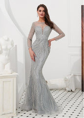 Tulle Jewel Silver Beading Mermaid Evening Dress