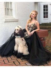 Spaghetti Straps Sleeveless Black Long A-Line Prom Dress with Appliques