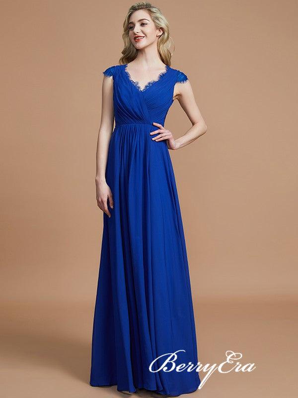 V-neck Cap Sleeves Royal Blue Chiffon Lace Bridesmaid Dresses - RongMoon