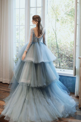 Lace Up Ruffles Blue Long Sleeve Beading Tulle Prom Dress