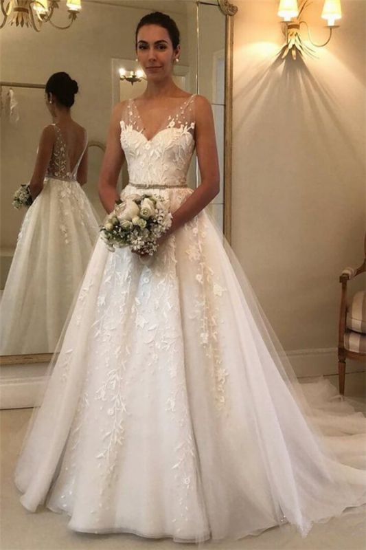Appliques Sexy Cheap See Through Straps Bridal Wedding Dress
