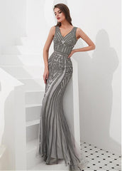 Tulle V-neck Silver Rhinestone Mermaid Evening Dress