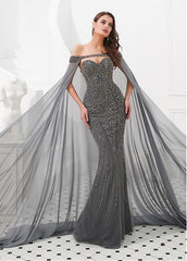 Beading Silver Tulle Sweetheart Mermaid Evening Dresses With Detachable Shawl