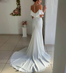 Mermaid Chiffon See Through Neck White Wedding Dress With Sash