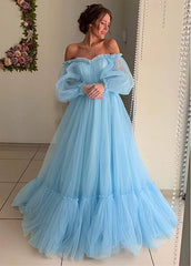 Tulle Off-the-shoulder Blue A-line Prom Dresses With Lace Appliques