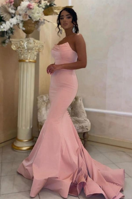 Pink Strapless Satin Trumpet Mermaid Button Sleeveless Formal Dress