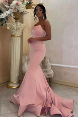 Pink Strapless Satin Trumpet Mermaid Button Sleeveless Formal Dress
