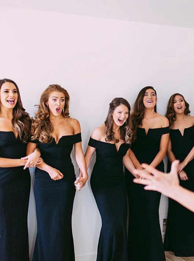 Black Stretch Mermaid Off-the-Shoulder Satin Bridesmaid Dress