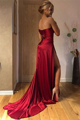 Satin Side-Slit Long Red Strapless Evening Prom Dress