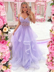 Spaghetti Straps Beading Purple Lavender Floral Long Prom Dress