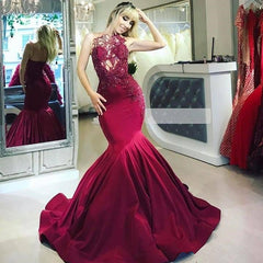 Burgundy Sheer Neck Appliques Mermaid Prom Dress