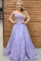 Lilac Backless Tulle Appliques Formal Prom Dress