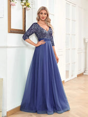 Sequin Chiffon Burgundy Half Sleeve Party Prom Dress