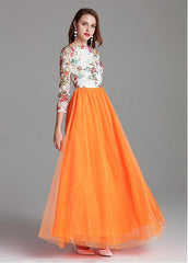 Tulle Lace Bateau Orange Long Sleeve A-line Prom Dress