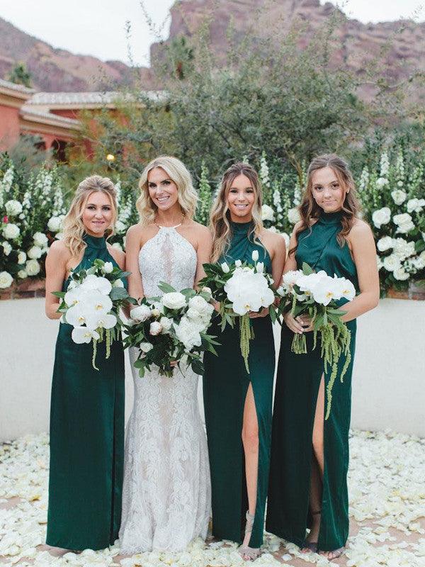 Simple Halter Long Bridesmaid Dresses, Slit Wedding Guest Dresses, Bridesmaid Dresses - RongMoon