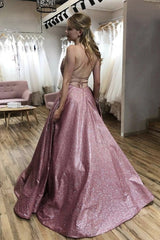 Unique Spaghetti Straps A Line Sequin Rose Gold Prom Dress
