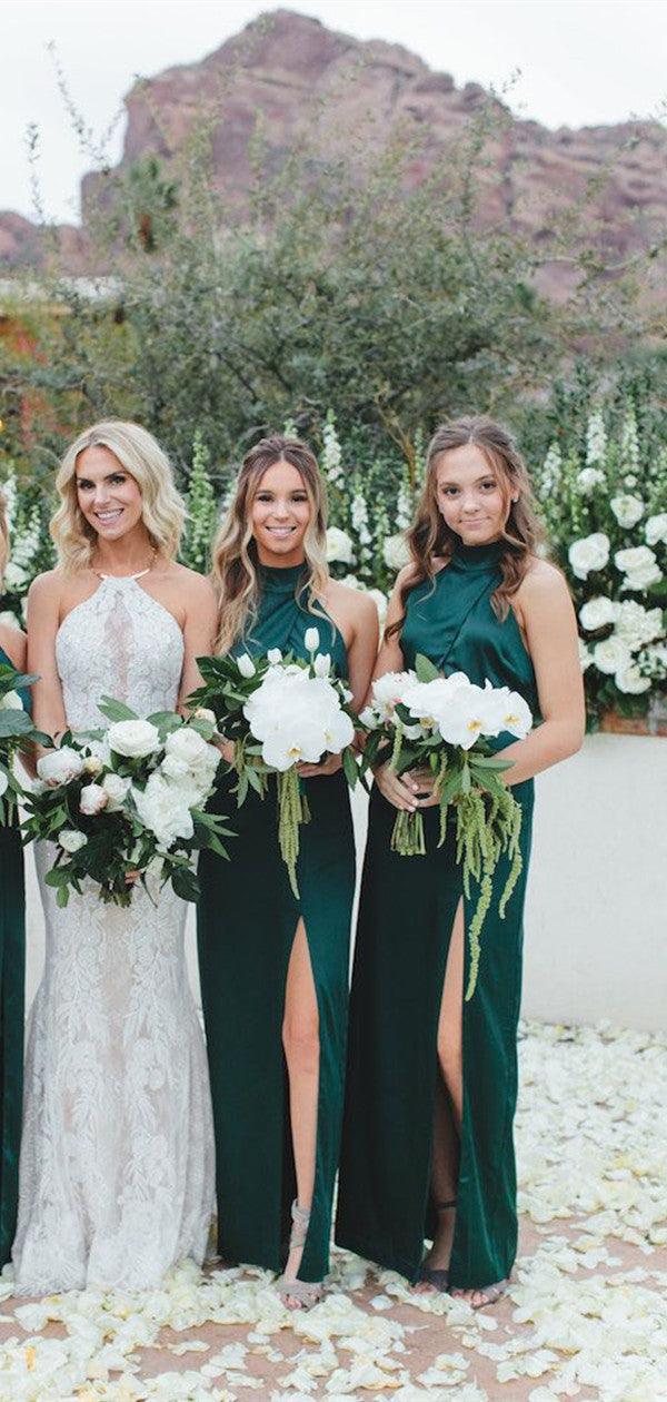 Simple Halter Long Bridesmaid Dresses, Slit Wedding Guest Dresses, Bridesmaid Dresses - RongMoon