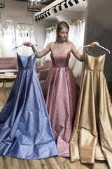 Unique Spaghetti Straps A Line Sequin Rose Gold Prom Dress